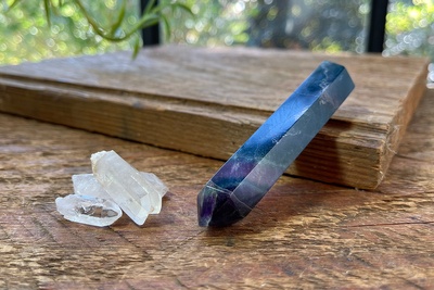 Example 1 of Enchanted Crystal Crystal of the Month, crystal subscription box, a fluorite wand and quartz points bonus mini crystals