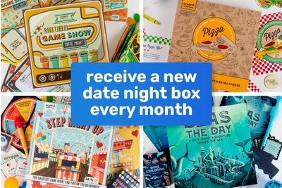 image showing examples of four date night boxes from crated with love, receive a new date night box every month