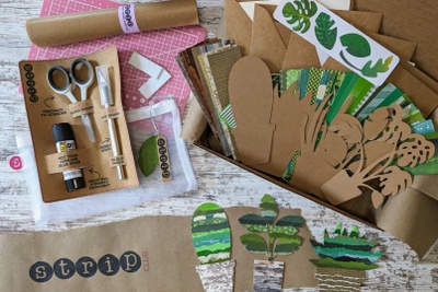 Everything included in the Torn Paper Art Box with Tool Kit & examples of finished artwork. Cutting tools & mat, glue stick, paper strips.