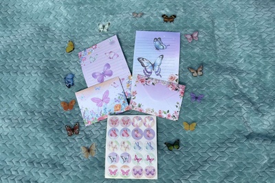 13 individual butterfly stickers as well as stationary. Perfect for any occasion because the cards are blank.