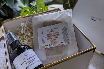 Spring Subscription Box, by Create Elements, filled with Natural Lavender Face Toner and Maple and Walnut Sugar Scrub.