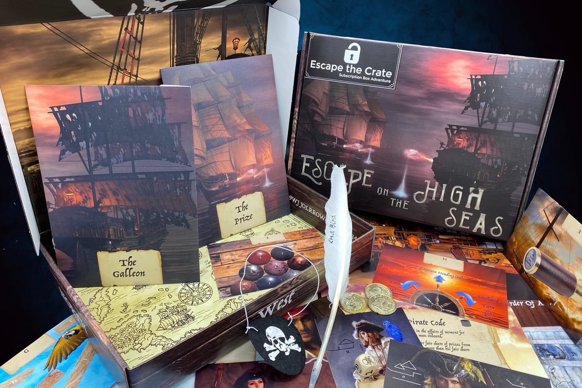 The un-boxed "Escape on the High Seas" box from Escape the Crate.  Each box contains papers, cards, envelopes, props, and puzzles.  