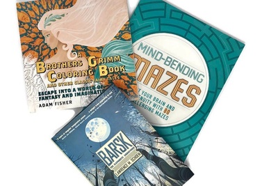Items from a Coloring and Classics subscription box including a novel, a coloring book and a book of mazes.