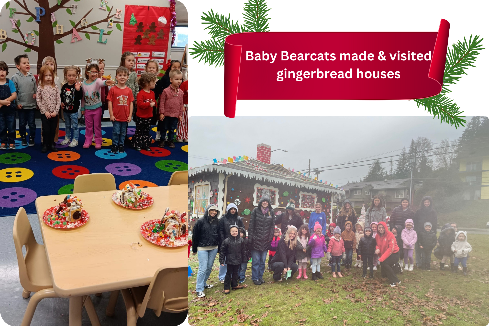 Members of the baby bearcats program pose in front of gingerbread houses they made in one photo, while the group poses in front of the City of Chehalis' large gingerbread house display in another photo.