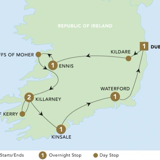 tourhub | Back-Roads Touring | Corners of Southern Ireland 2025 | Tour Map