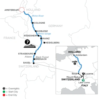 tourhub | Avalon Waterways | Romantic Rhine with Swiss Alps, 3 Nights in Lake Como & 1 Night in Lucerne (Northbound) (Vista) | Tour Map