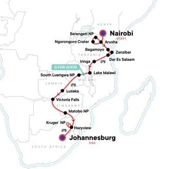 tourhub | G Adventures | Nairobi to Joburg Overland: Craters & Camping | Tour Map