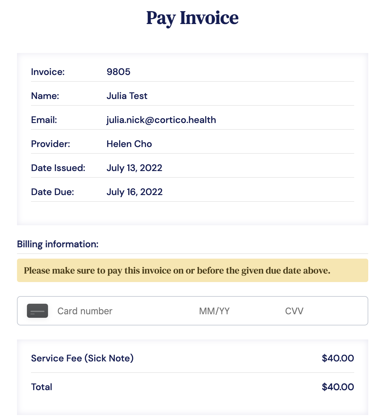 Link to pay invoice from Cortico Health EMR plug in
