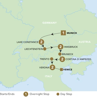 tourhub | Blue-Roads Touring | Alpine Escape: Germany, Austria and Italy 2024 | Tour Map