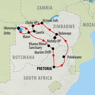 tourhub | On The Go Tours | Delta, Chobe & Falls - 12 Days  | Tour Map