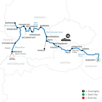 tourhub | Avalon Waterways | Enchanted Europe with 2 Nights in Budapest (Westbound) (Tranquility II) | Tour Map