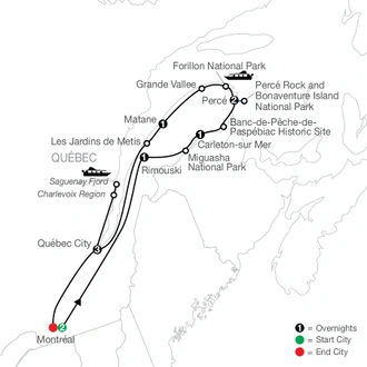 tourhub | Globus | Quebec in Depth with the Gaspe Peninsula | Tour Map