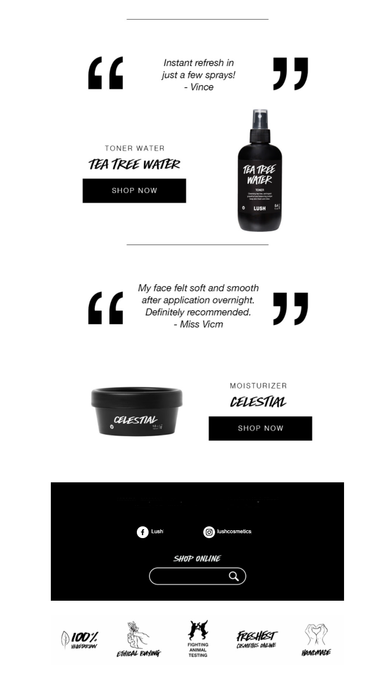 Emailer Featuring Customer Reviews and Products from Lush