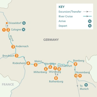 tourhub | Riviera Travel | Cologne, the Rhine Gorge & Medieval Germany River Cruise - MS George Eliot | Tour Map