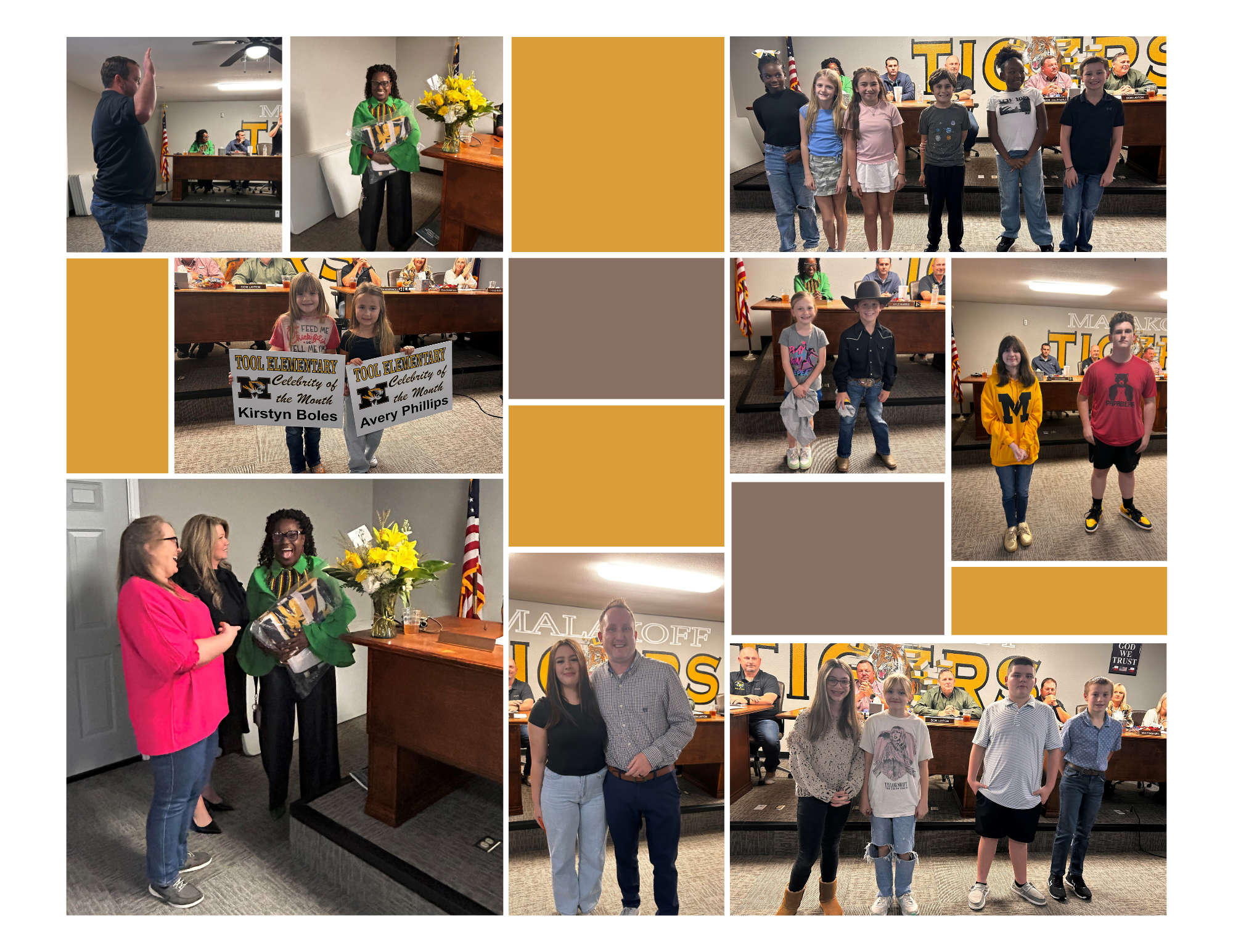 Photos of board meeting from top left to right: swearing in, Mrs. Dewberry, 5th grade mindset team, tes celebrities of the month, mes ARK award Winners, MJH Students of the month, Staff members with Mrs. Dewberry, MHS students of the month, 6th grade mindset team.