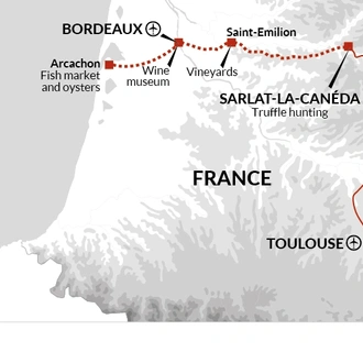 tourhub | Explore! | A Taste of Southern France  - Bordeaux to Toulouse | Tour Map