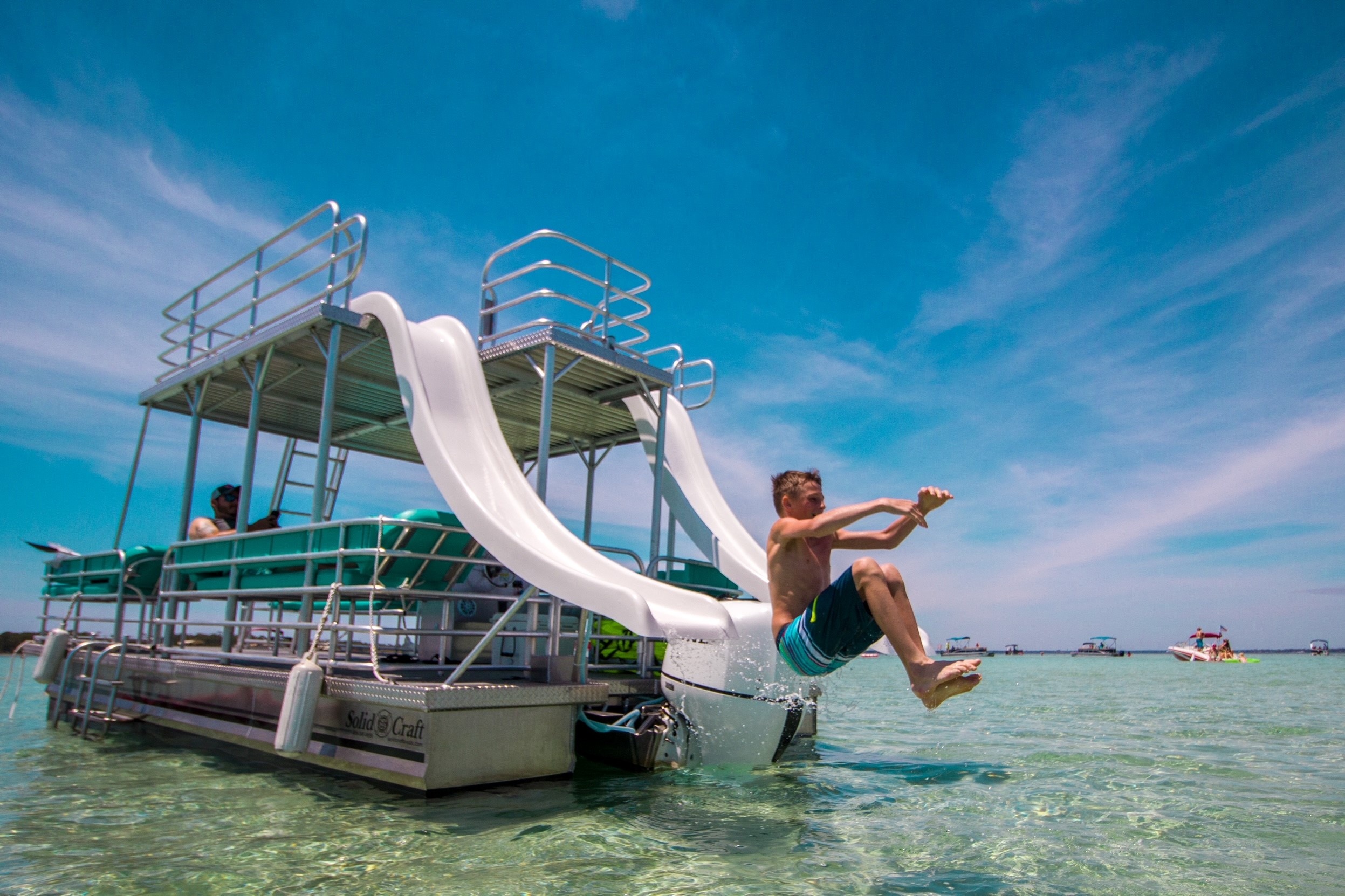 Double-Decker Pontoon Boat Rental with Two Waterslides