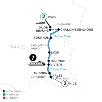 tourhub | Avalon Waterways | Burgundy & Provence with 2 Nights in Paris & 2 Nights in Nice (Southbound) (Poetry II) | Tour Map