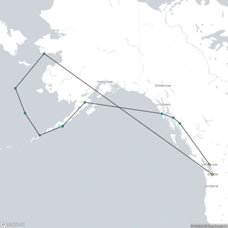 tourhub | HX Hurtigruten Expeditions | Alaska and British Columbia – Inside Passage, Bears and Aleutian Islands (Northbound) | Tour Map