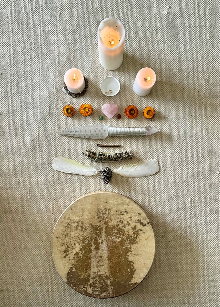 A finished drum on an altar