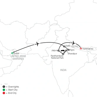 tourhub | Globus | Icons of India: The Taj, Tigers & Beyond with Dubai & Kathmandu | Tour Map