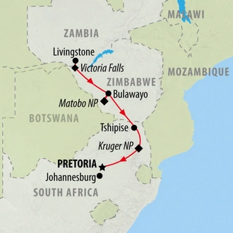 tourhub | On The Go Tours | Falls, Matobo & Kruger - 7 days | Tour Map