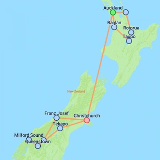 tourhub | On The Go Tours | Budget Kiwi Adventure From Auckland - 14 days | Tour Map