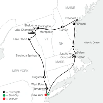 tourhub | Globus | New England & the Hudson Valley with New York City | Tour Map