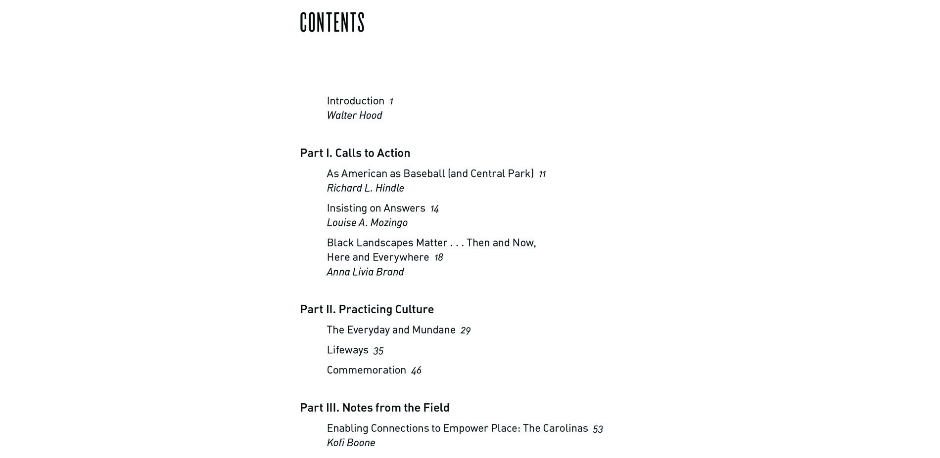 Black Landscapes Matter, Table of Contents, first page