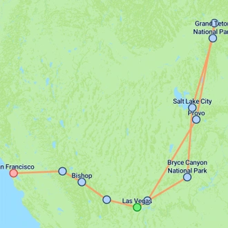 tourhub | On The Go Tours | Yellowstone & Yosemite (Camping/Hotel) - 11 days | Tour Map