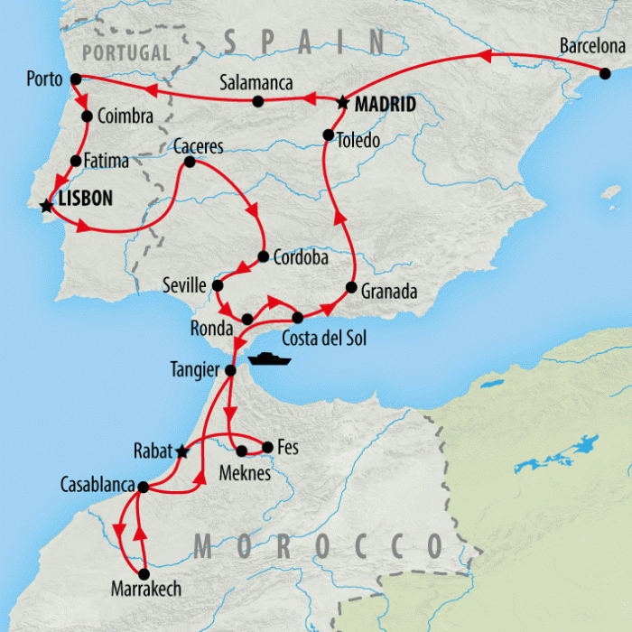 tourhub | On The Go Tours | Spain, Portugal & Morocco Encompassed - 23 days  | Tour Map