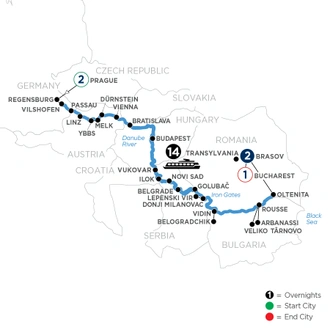tourhub | Avalon Waterways | The Danube from Germany to Romania with 2 Nights in Prague, 1 Night in Bucharest & 2 Nights in Transylvania (Expression) | Tour Map