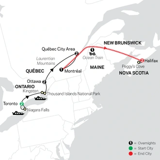 tourhub | Cosmos | Ontario & French Canada with Ocean Train to Halifax | Tour Map