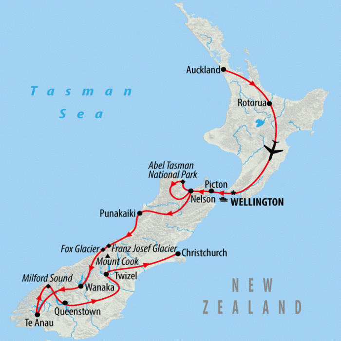 tourhub | On The Go Tours | Auckland to Christchurch - 16 days | Tour Map