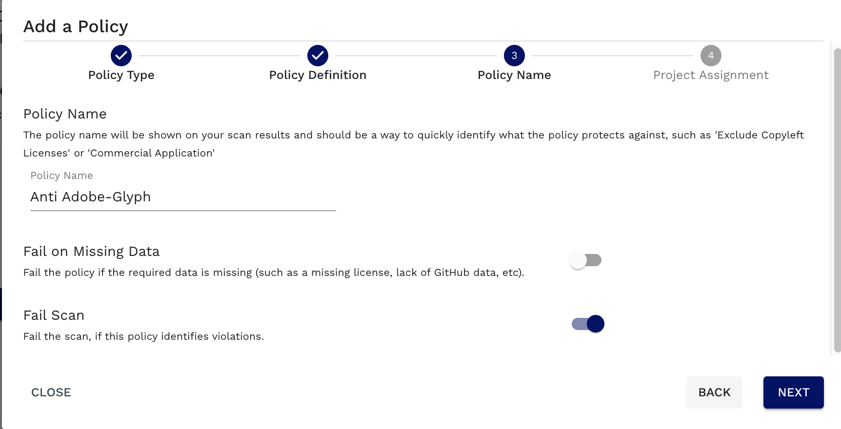 Policy name and behavior inputs