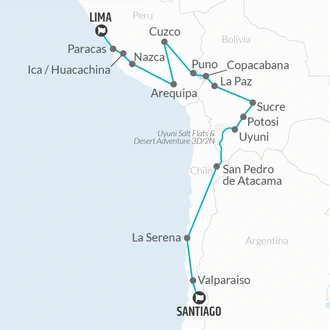 tourhub | Bamba Travel | Santiago to Lima (via Uyuni) Travel Pass | Tour Map