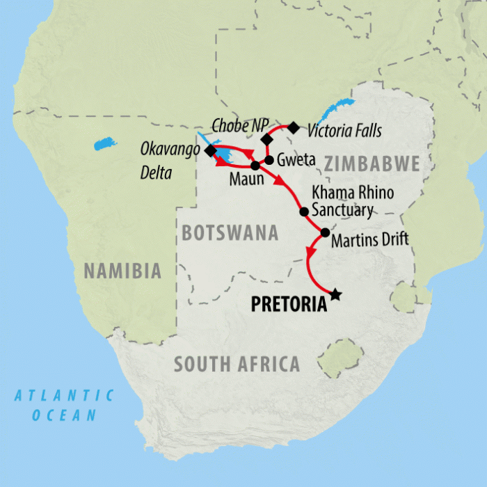 tourhub | On The Go Tours | Falls & Okavango Wilderness Discovery - 9 Days | Tour Map