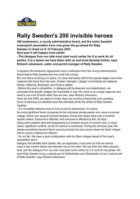 Pressrelease, Rally Sweden