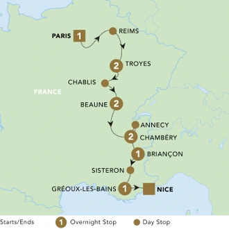 tourhub | Blue-Roads Touring | Paris to Nice Through Vineyards and Mountains 2024 | Tour Map
