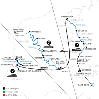 tourhub | Avalon Waterways | Vineyards, Chateaux & Bordeaux with Swiss Alps, 3 Nights in Lake Como & 1 Night in Lucerne (Envision & Tapestry II & Artistry II) | Tour Map