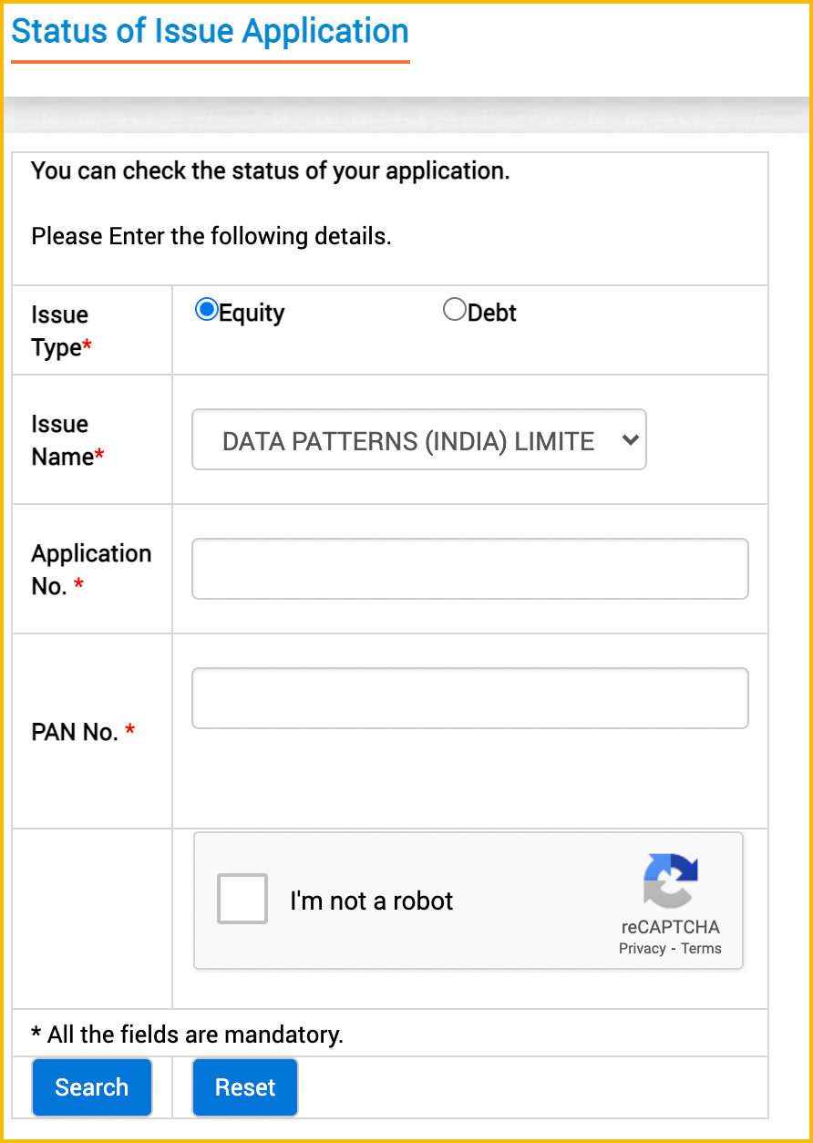 Enter details to check data pattern allotment status