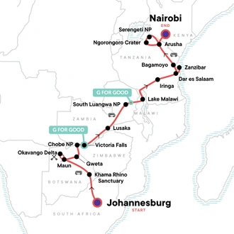 tourhub | G Adventures | Johannesburg to East Africa Overland Safari | Tour Map