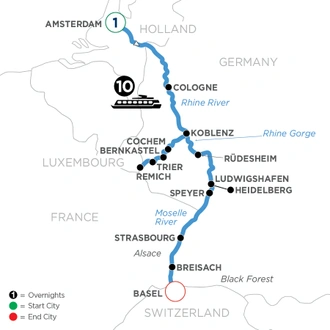 tourhub | Avalon Waterways | The Rhine & Moselle with 1 Night in Amsterdam (Southbound) (Tranquility II) | Tour Map