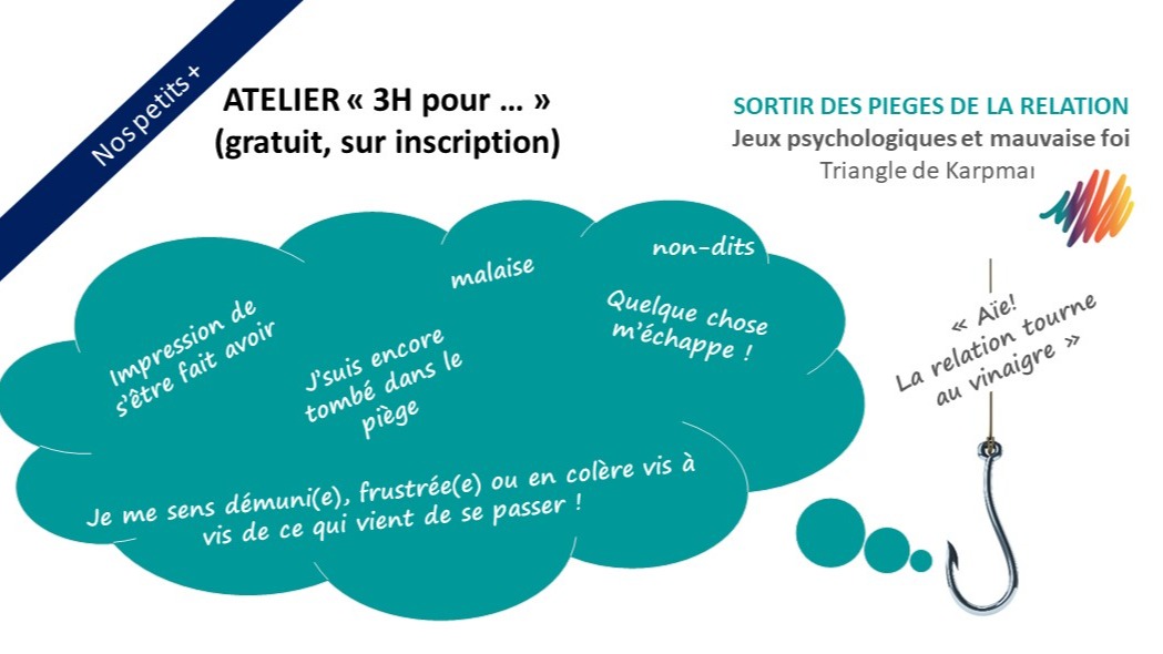 Représentation de la formation : Atelier "3 h pour ..."SORTIR DES PIEGES DE LA RELATION (gratuit, sur inscription)