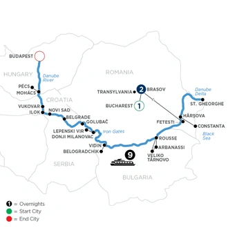 tourhub | Avalon Waterways | The Danube from Romania to Budapest with 1 Night in Bucharest and 2 Nights in Transylvania (Impression) | Tour Map