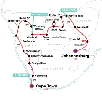 tourhub | G Adventures | Cape Town to Johannesburg Overland Safari | Tour Map