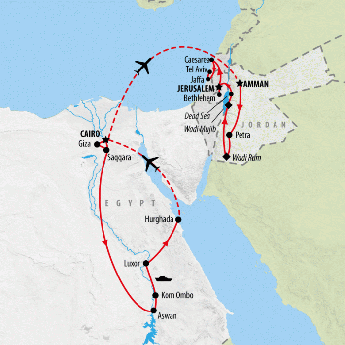 tourhub | On The Go Tours | Pyramids, Petra, Promised Land with Cruise - 19 days | Tour Map