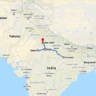 tourhub | GT India Tours | Golden Triangle with Varanasi Tour | Tour Map