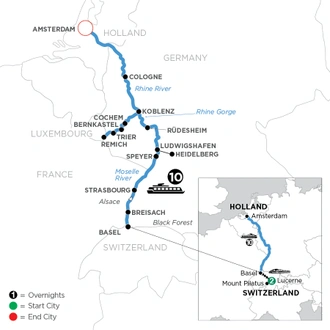 tourhub | Avalon Waterways | The Rhine & Moselle with 2 Nights in Lucerne (Northbound) (Tranquility II) | Tour Map