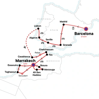 tourhub | G Adventures | Explore Spain, Portugal and Morocco: Coastal Waves & Desert Dunes | Tour Map